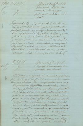 "Officio de 21 [de] Agosto [de] 1862. Bernardo Pinto de Miranda Montenegro pede se lhe resti...
